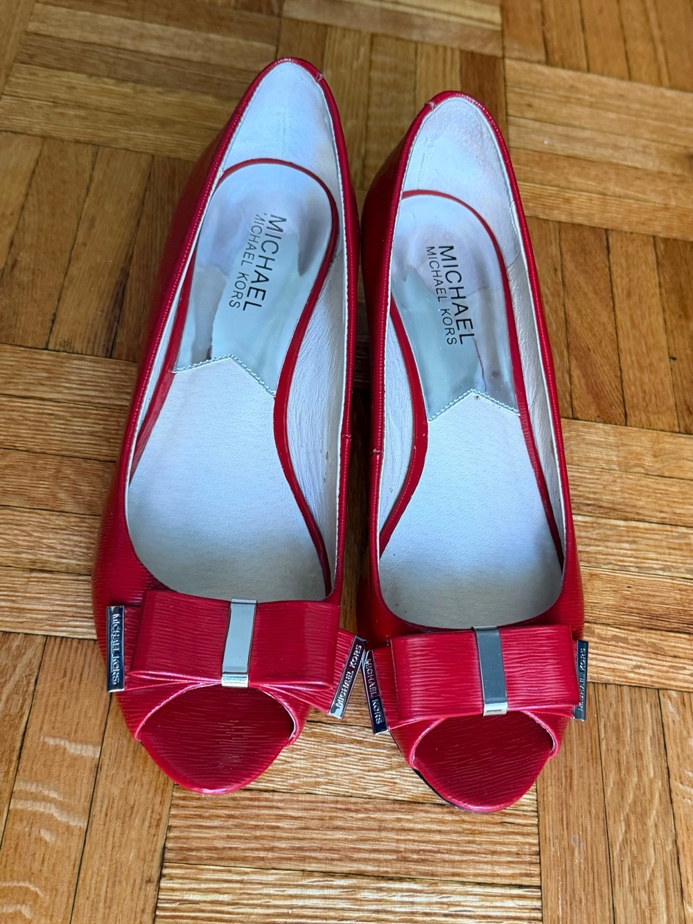 MICHAEL Michael Kors Red Patent Bow Wedge Peep Toe Pumps